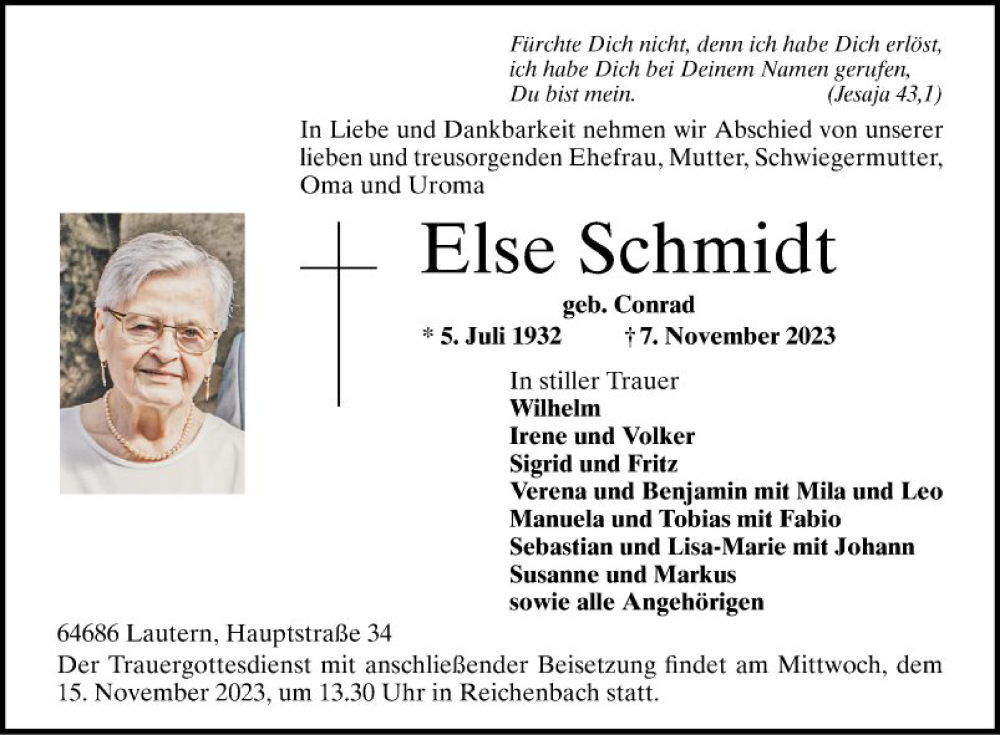  Traueranzeige für Else Schmidt vom 11.11.2023 aus Bergsträßer Anzeiger