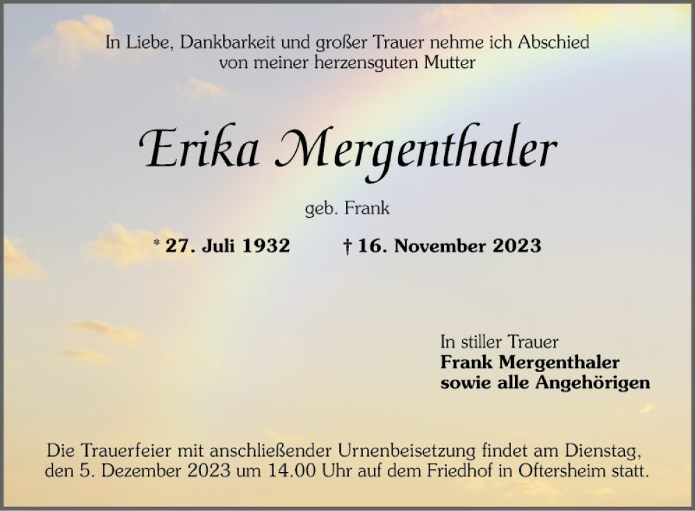  Traueranzeige für Erika Mergenthaler vom 25.11.2023 aus Schwetzinger Zeitung