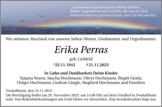 Traueranzeige von Erika Perras von Schwetzinger Zeitung