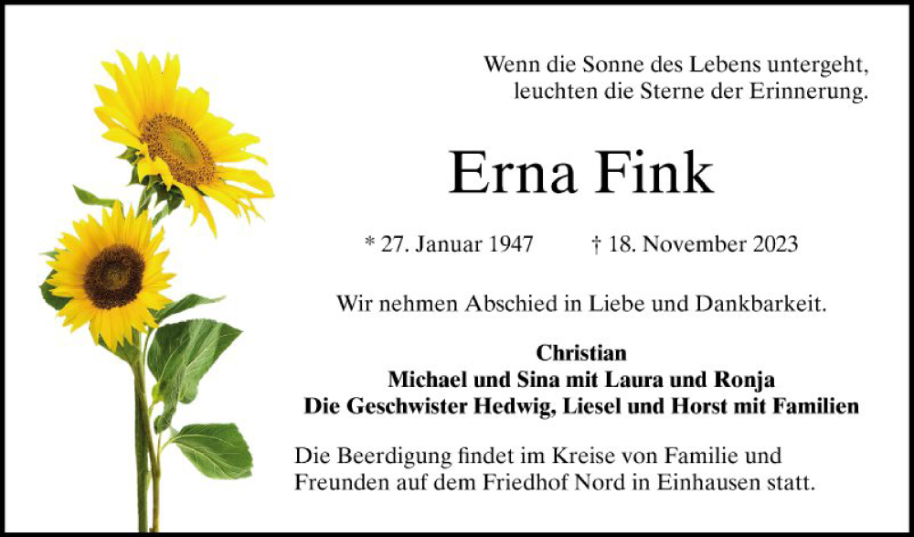  Traueranzeige für Erna Fink vom 25.11.2023 aus Bergsträßer Anzeiger