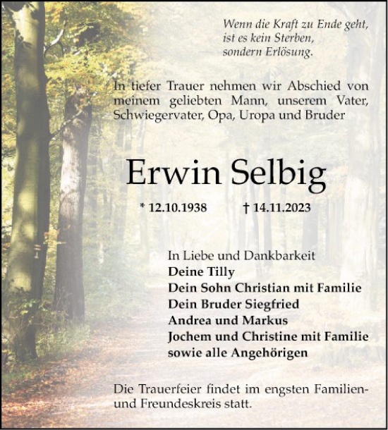 Traueranzeige von Erwin Selbig von Mannheimer Morgen