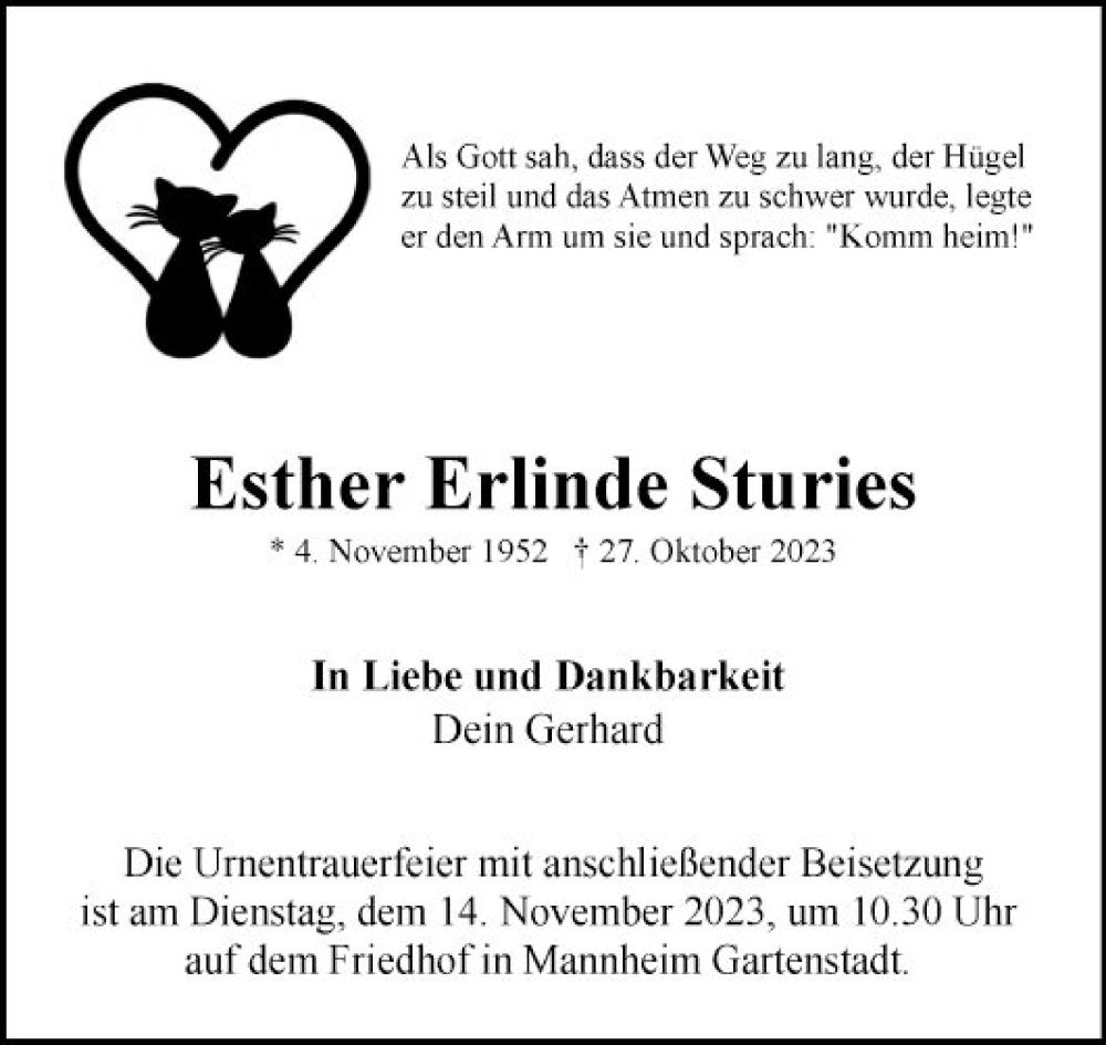  Traueranzeige für Esther Erlinde Sturies vom 11.11.2023 aus Mannheimer Morgen