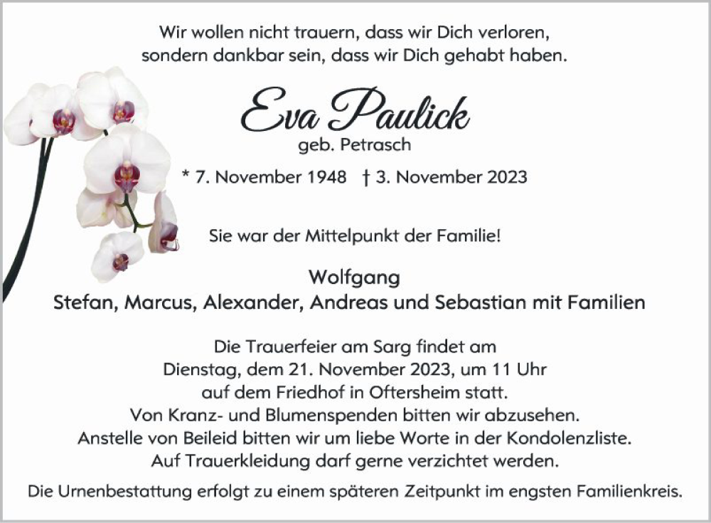  Traueranzeige für Eva Paulick vom 18.11.2023 aus Schwetzinger Zeitung