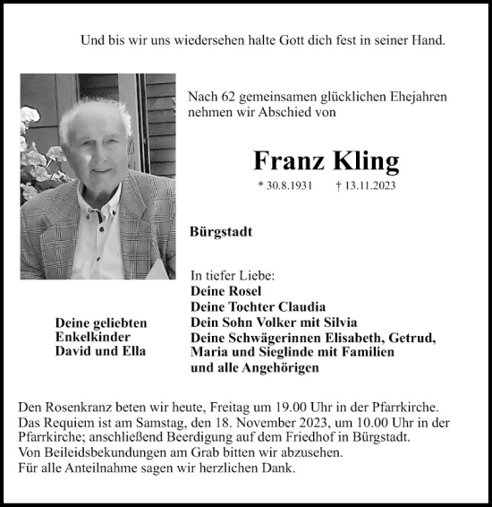 Traueranzeige von Franz Kling von Fränkische Nachrichten