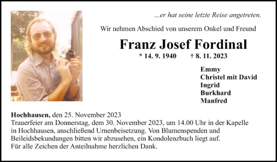 Traueranzeige von Franz Josef Fordinal von Fränkische Nachrichten