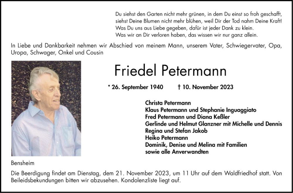  Traueranzeige für Friedel Petermann vom 18.11.2023 aus Bergsträßer Anzeiger