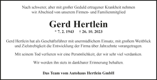 Traueranzeige von Gerd Hertlein von Fränkische Nachrichten