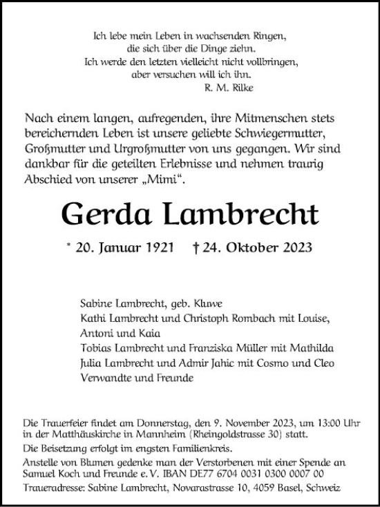 Traueranzeige von Gerda Lambrecht von Mannheimer Morgen