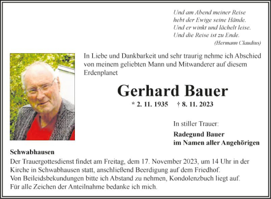 Traueranzeige von Gerhard Bauer von Fränkische Nachrichten