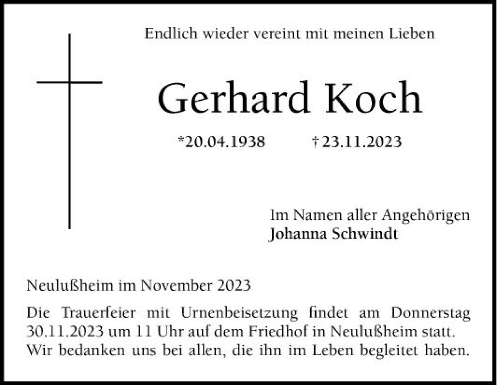  Traueranzeige für Gerhard Koch vom 25.11.2023 aus Schwetzinger Zeitung