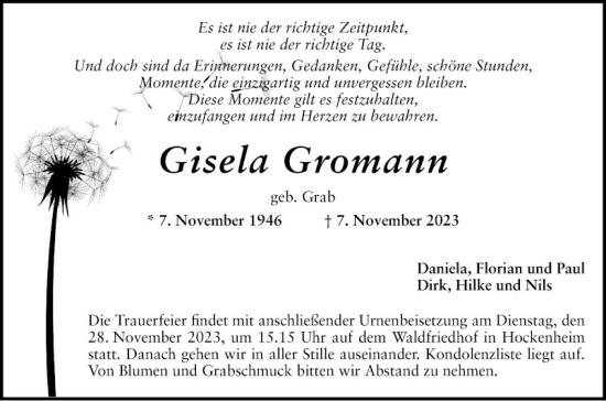 Traueranzeige von Gisela Gromann von Schwetzinger Zeitung