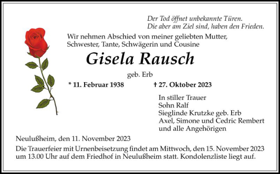 Traueranzeige von Gisela Rausch von Schwetzinger Zeitung