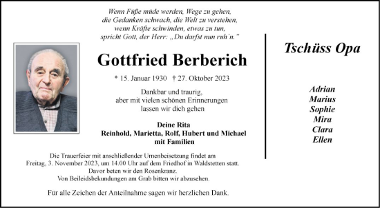 Traueranzeige von Gottfried Berberich von Fränkische Nachrichten
