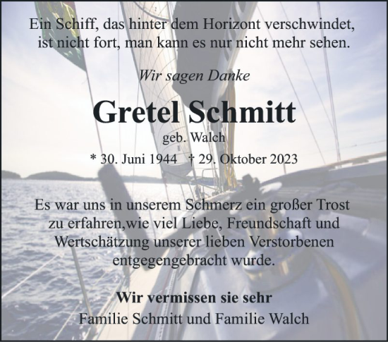 Traueranzeige von Gretel Schmitt von Mannheimer Morgen