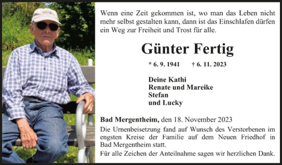 Traueranzeige von Günter Fertig von Fränkische Nachrichten