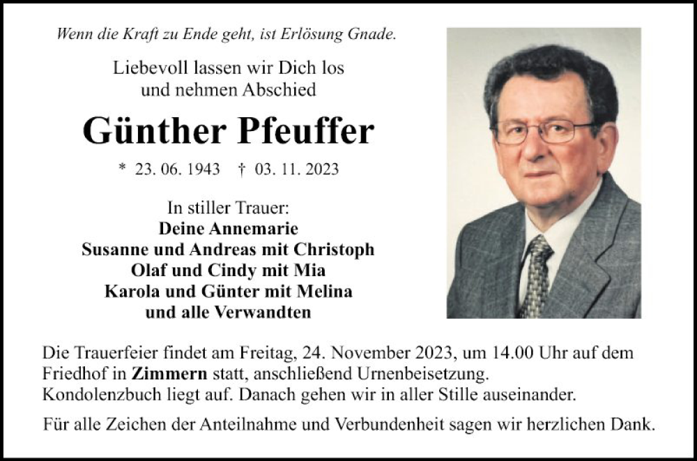  Traueranzeige für Günther Pfeuffer vom 18.11.2023 aus Fränkische Nachrichten