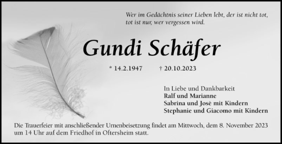 Traueranzeige von Gundi Schäfer von Schwetzinger Zeitung