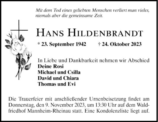 Traueranzeige von Hans Hildenbrandt von Mannheimer Morgen