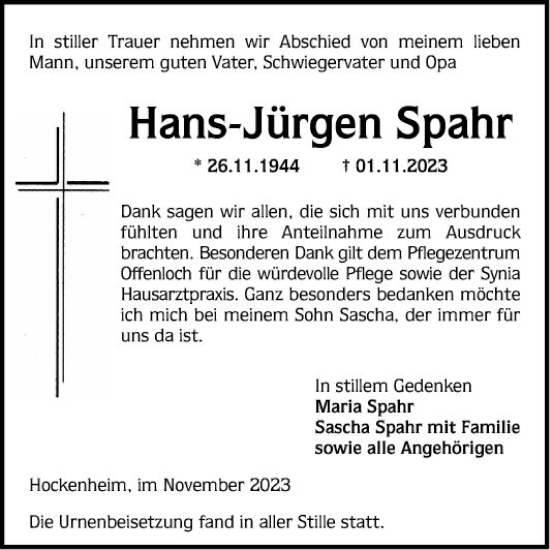Traueranzeige von Hans-Jürgen Spahr von Schwetzinger Zeitung
