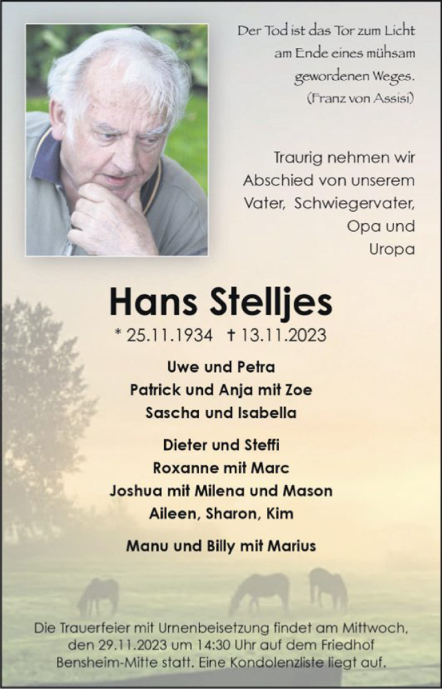  Traueranzeige für Hans Stelljes vom 25.11.2023 aus Bergsträßer Anzeiger