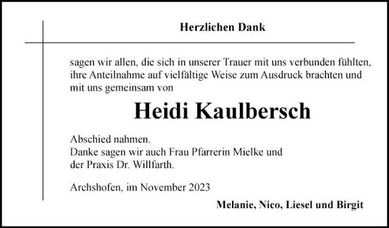 Traueranzeige von Heidi Kaulbersch von Fränkische Nachrichten