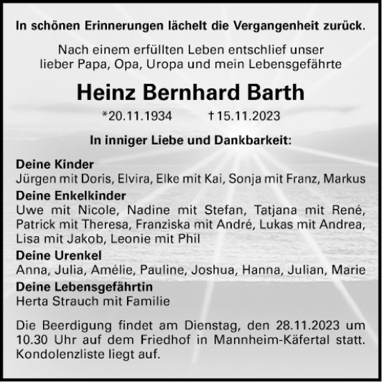 Traueranzeige von Heinz Bernhard Barth von Mannheimer Morgen