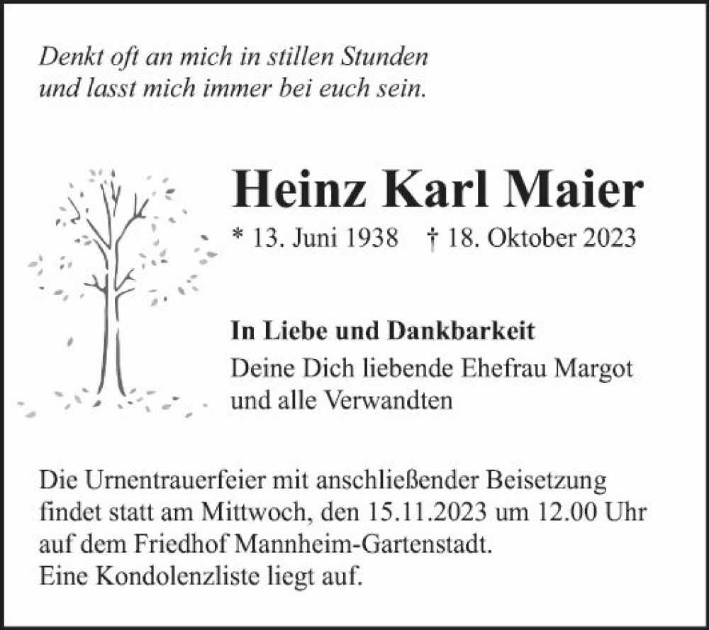  Traueranzeige für Heinz Karl Maier vom 04.11.2023 aus Mannheimer Morgen