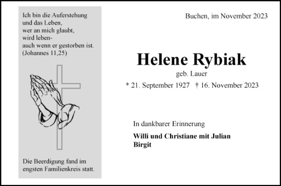 Traueranzeige von Helene Rybiak von Fränkische Nachrichten