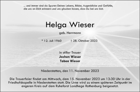 Traueranzeige von Helga Wieser von Fränkische Nachrichten