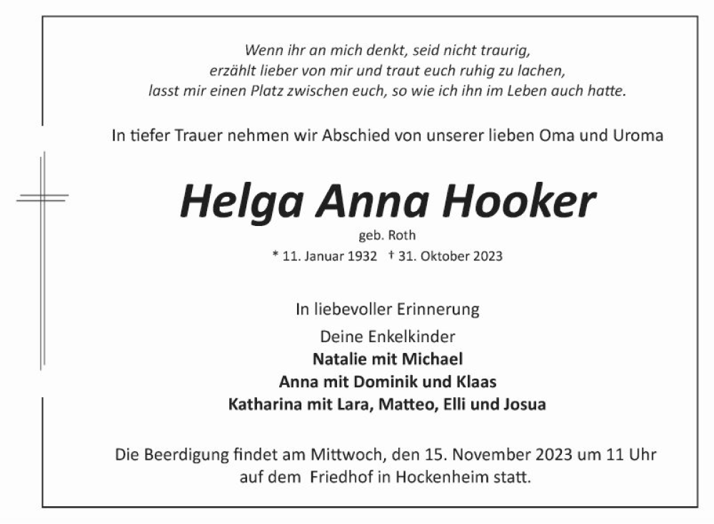  Traueranzeige für Helga Anna Hooker vom 11.11.2023 aus Schwetzinger Zeitung