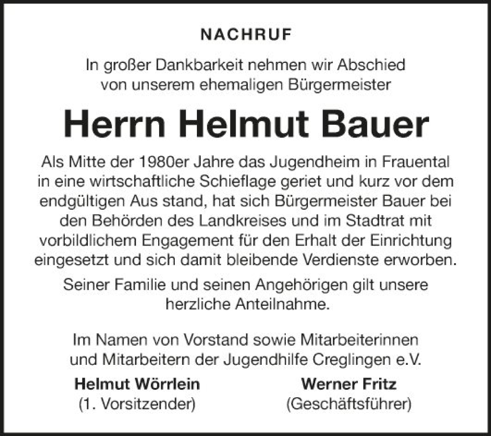  Traueranzeige für Helmut Bauer vom 30.11.2023 aus Fränkische Nachrichten