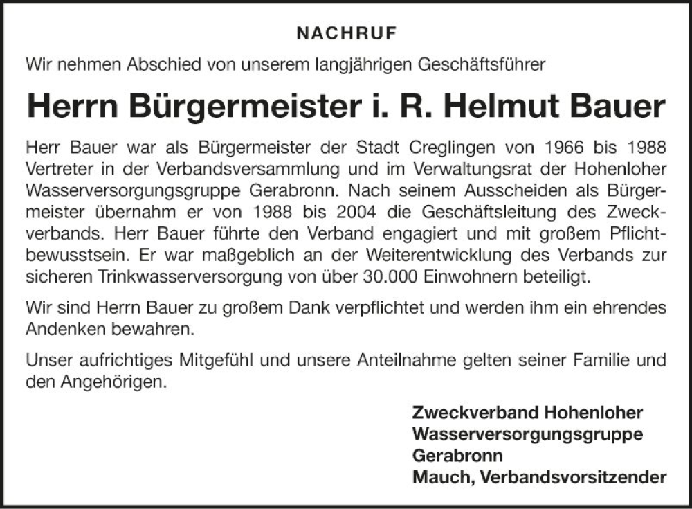  Traueranzeige für Helmut Bauer vom 28.11.2023 aus Fränkische Nachrichten