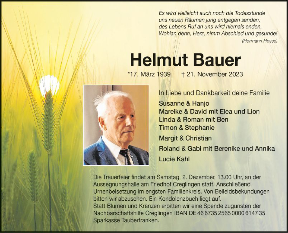  Traueranzeige für Helmut Bauer vom 25.11.2023 aus Fränkische Nachrichten