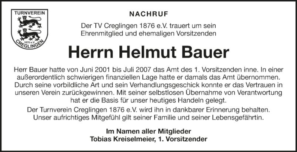  Traueranzeige für Helmut Bauer vom 29.11.2023 aus Fränkische Nachrichten