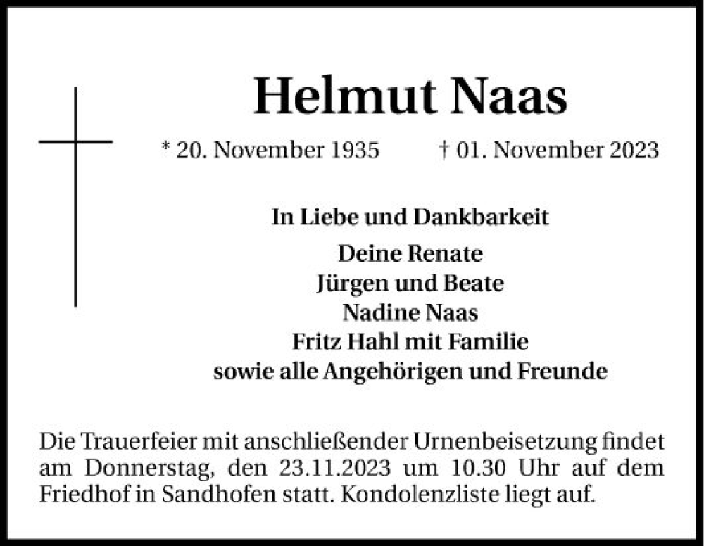  Traueranzeige für Helmut Naas vom 18.11.2023 aus Mannheimer Morgen
