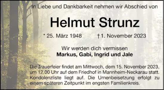 Traueranzeige von Helmut Strunz von Mannheimer Morgen