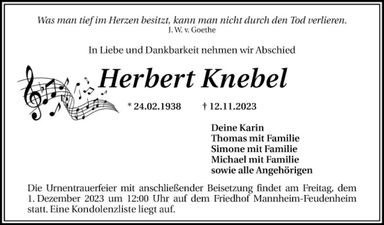 Traueranzeige von Herbert Knebel von Mannheimer Morgen