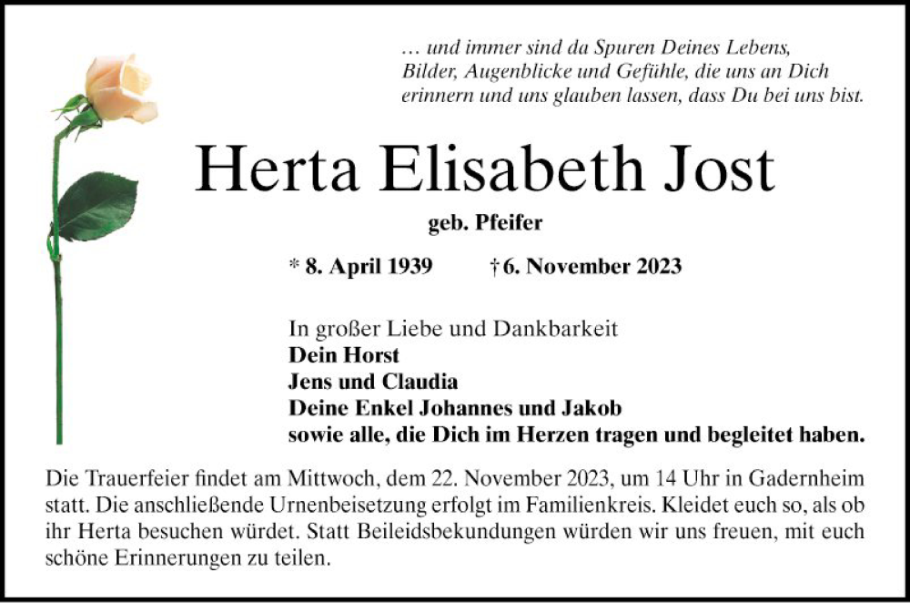  Traueranzeige für Herta Elisabeth Jost vom 18.11.2023 aus Bergsträßer Anzeiger