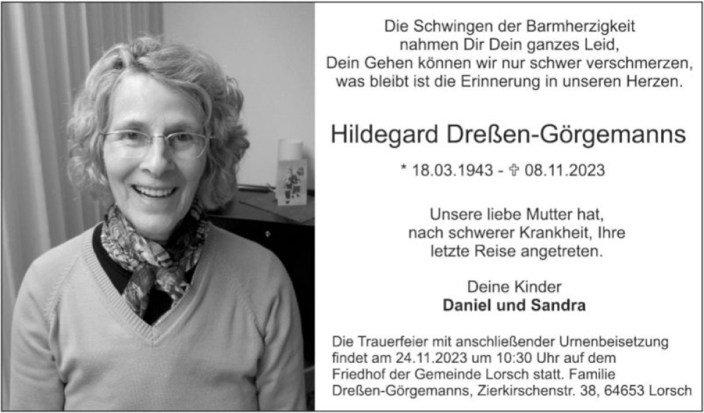  Traueranzeige für Hildegard Dreßen-Görgemanns vom 18.11.2023 aus Bergsträßer Anzeiger