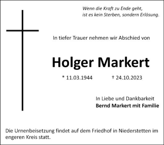 Traueranzeige von Holger Markert von Fränkische Nachrichten