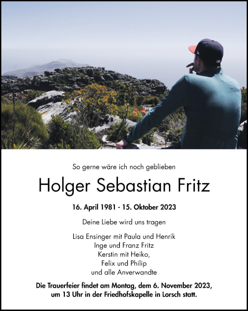 Traueranzeige für Holger Sebastian Fritz vom 03.11.2023 aus Bergsträßer Anzeiger