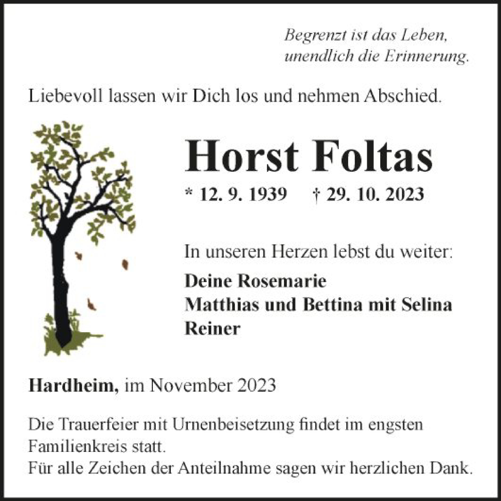  Traueranzeige für Horst Foltas vom 07.11.2023 aus Fränkische Nachrichten