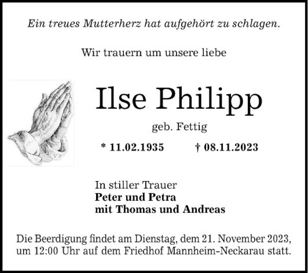  Traueranzeige für Ilse Philipp vom 18.11.2023 aus Mannheimer Morgen
