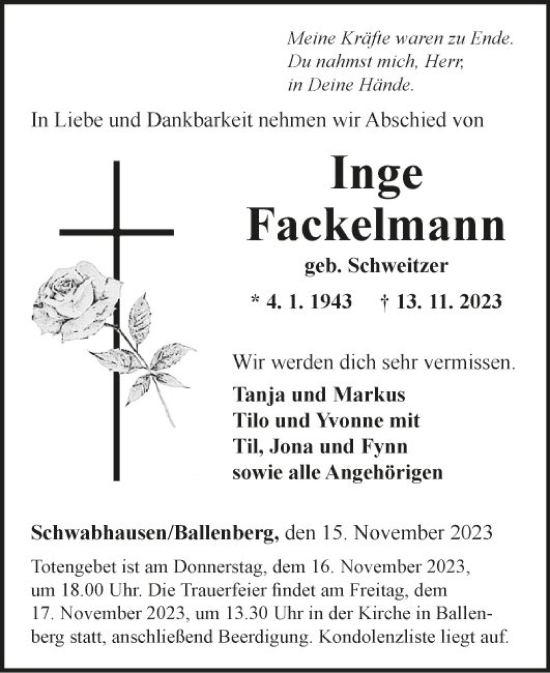 Traueranzeige von Inge Fackelmann von Fränkische Nachrichten