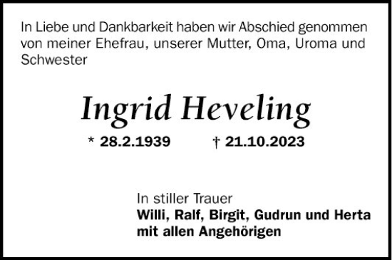 Traueranzeige von Ingrid Heveling von Mannheimer Morgen