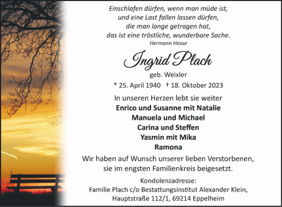 Traueranzeige von Ingrid Plach von Schwetzinger Zeitung