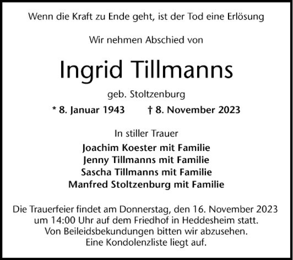  Traueranzeige für Ingrid Tillmanns vom 11.11.2023 aus Mannheimer Morgen
