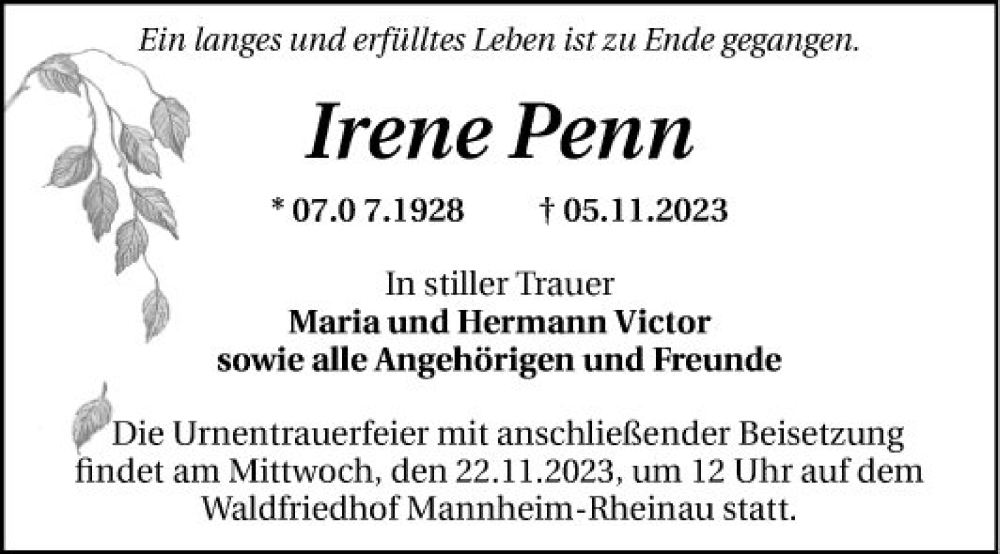  Traueranzeige für Irene Penn vom 18.11.2023 aus Mannheimer Morgen