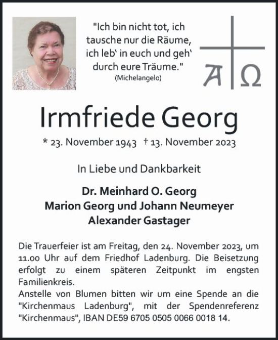 Traueranzeige von Irmfriede Georg von Mannheimer Morgen