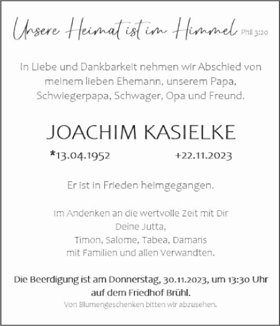Traueranzeige von Joachim Kasielke von Schwetzinger Zeitung
